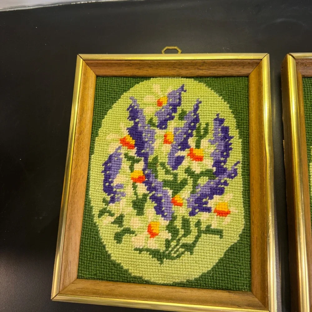 Vintage Framed Needlepoint Floral Wall Art Set of 2 Green Blue Yellow 9x7